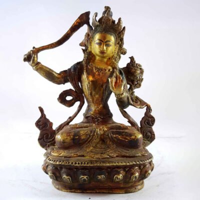 Handmade Statue of Manjushri – Partly Gold Plated, Painted Face, Antique Finishing
