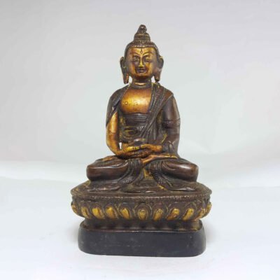 Copper Amitabha Buddha with Wooden Base and Antique Finishing