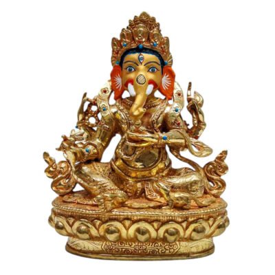 Ganesh: Tibetan Buddhist Handmade Statue, Gold Plated, Painted Face