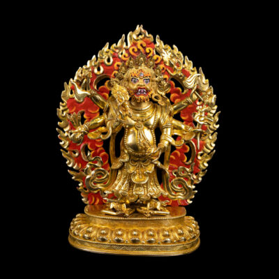 White Mahakala: Buddhist Handmade Statue, Full Gold Plated with Painted Face