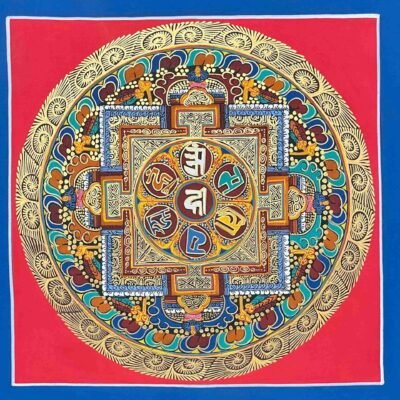 HQ – Buddhist Handmade Thangka Painting of Om Mani Padme Hum Mandala | Hand-Painted | Student Mandala