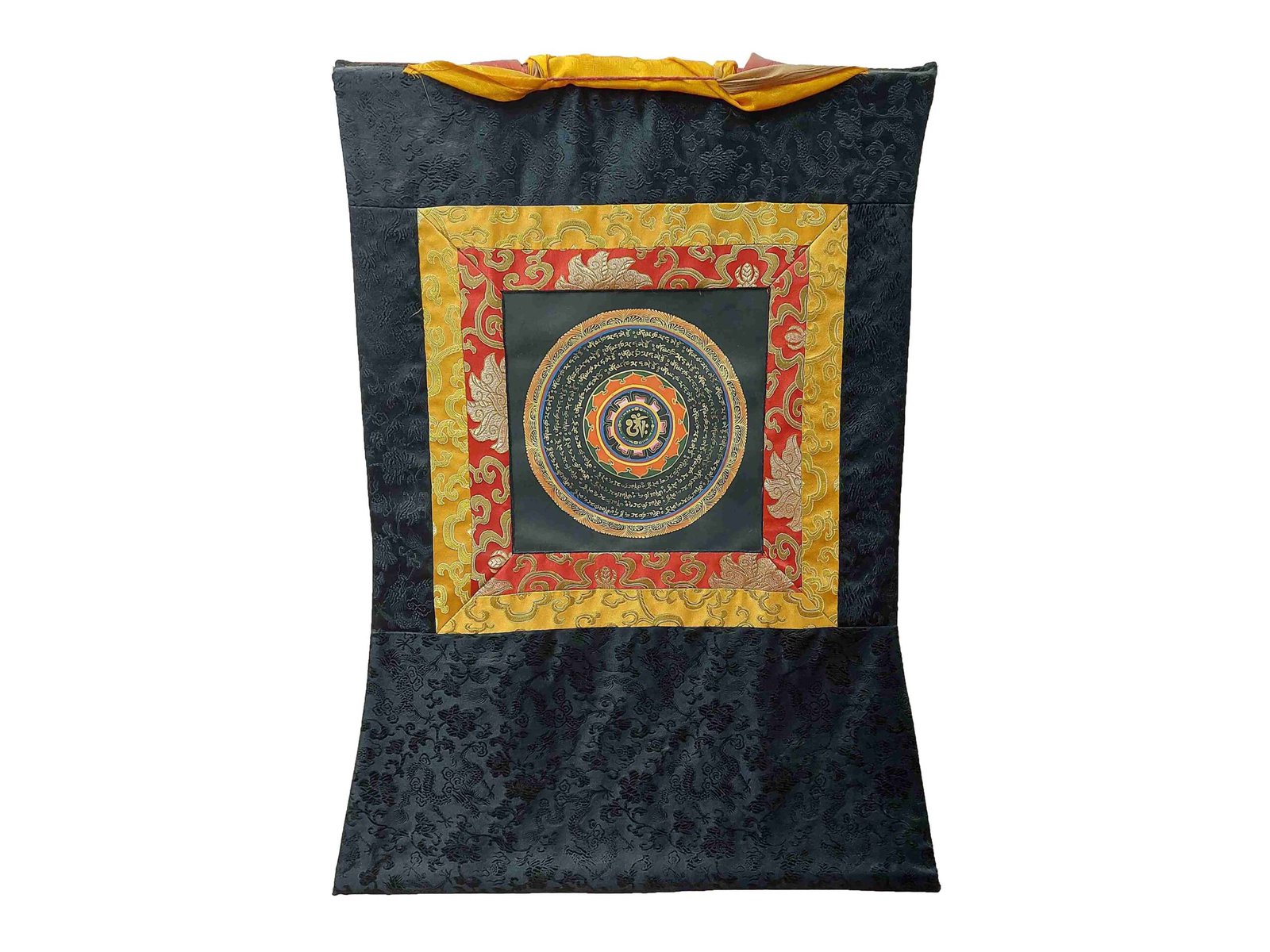 Buddhist Hand-Painted Thangka – Sacred Mandala with Polyester Brocade