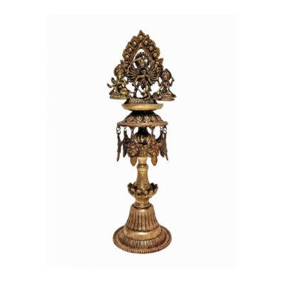 Handcrafted Panas Oil Lamp with Bhadrakali, Ganesh, and Lakshmi – Antique Patina Finish