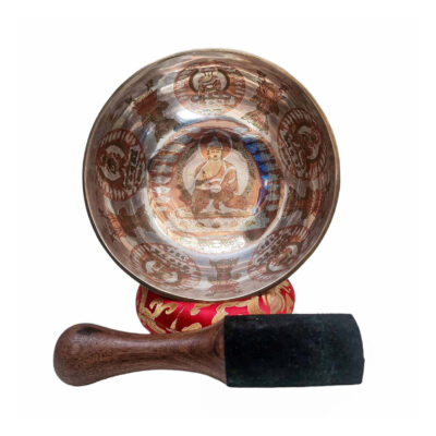 Jambati Singing Bowl – Buddhist Hand-Beaten, Shakyamuni Buddha Carved, Silver Plated, Select Accessories