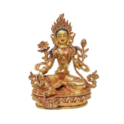 Green Tara – Buddhist Handmade Statue, Gold Plated and Face Painted