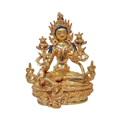 Green Tara, Buddhist Handmade Statue, Gold Plated and Face Painted
