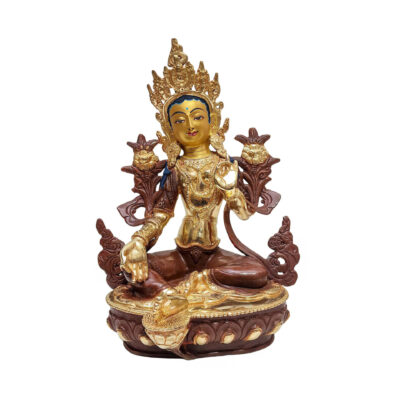 Green Tara, Buddhist Handmade Statue, Partly Gold Plated and Face Painted
